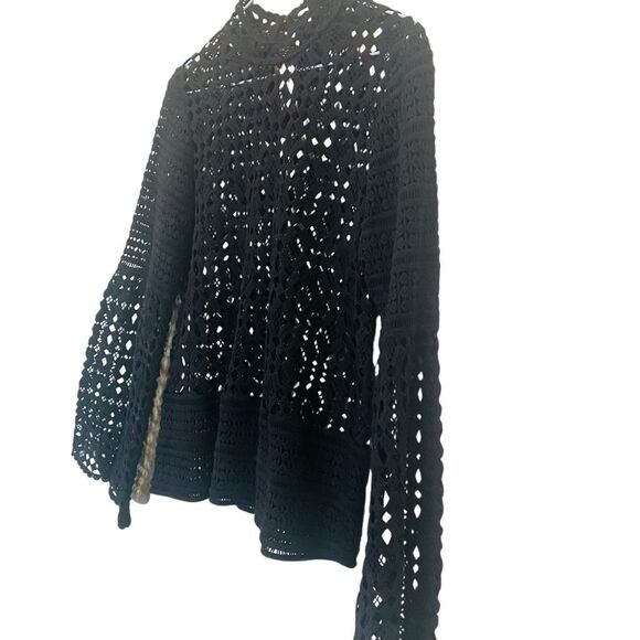 Topshop Crochet Bell Long Sleeve 100% Cotton Pullover Sweater Black Size 8 - Picture 2 of 4
